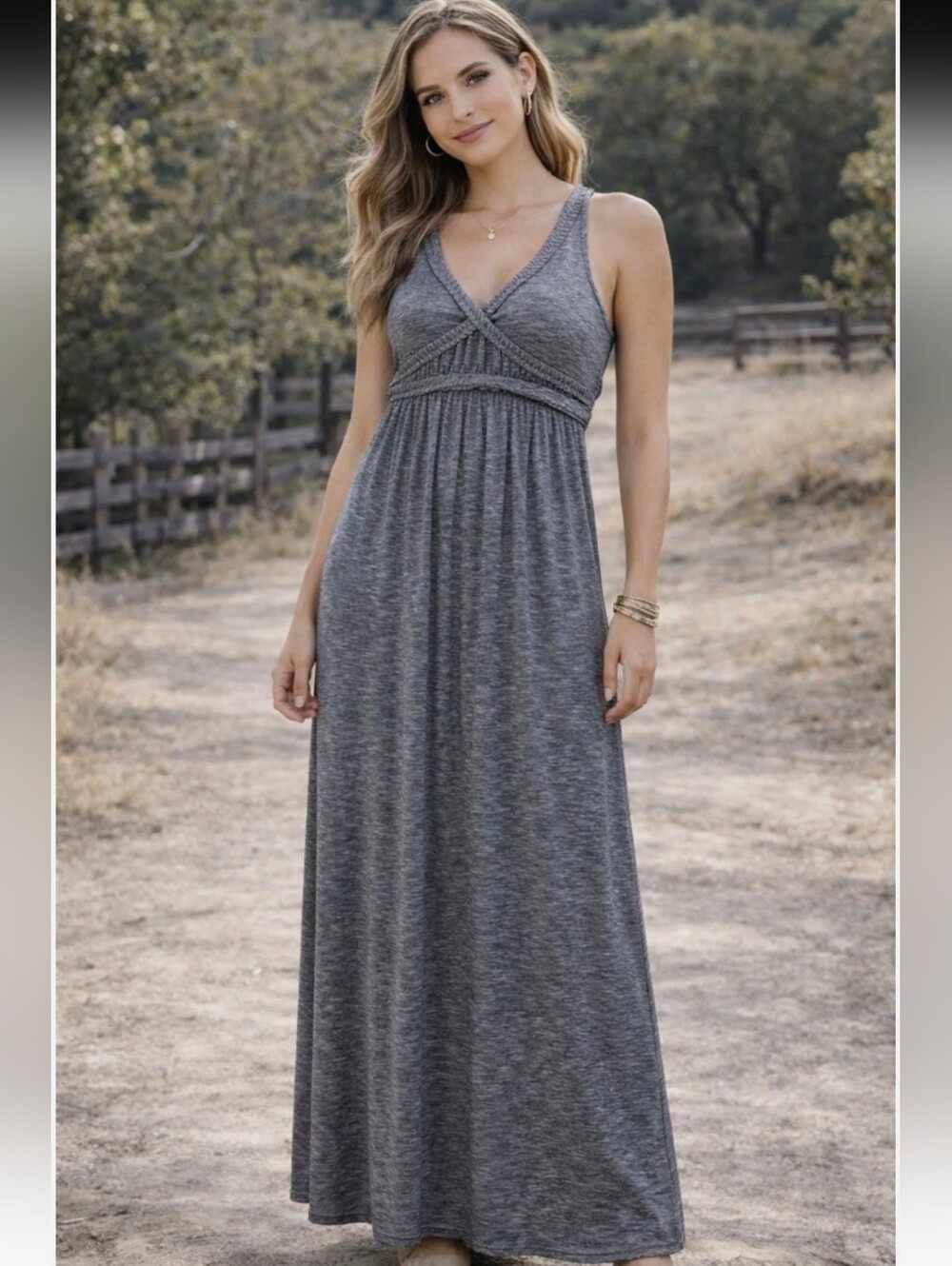 Max Studio Maxi Dress Gray Striped Sleeveless Empire Waist Boho Sz S NWT